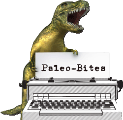 Dinosaur over an old typewriter with words, Paleo-Bites Blog